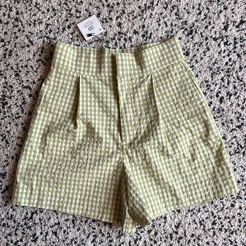 Zara High Waist Checkered Shorts in Green